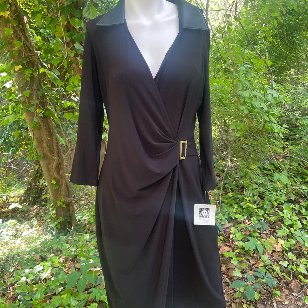 Anne Klein NWT Elegant Black Faux Leather Collar Wrap Dress sz 10